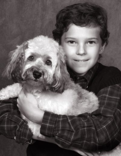 Boy and his Labradoodle in Black and White